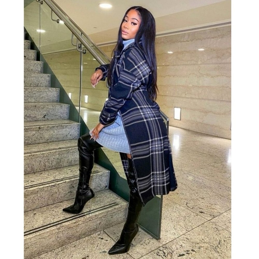 Black Plaid Check Wool Blend Long Sleeve Belted Lapel Collared Trench Coat - Picture 10 of 11